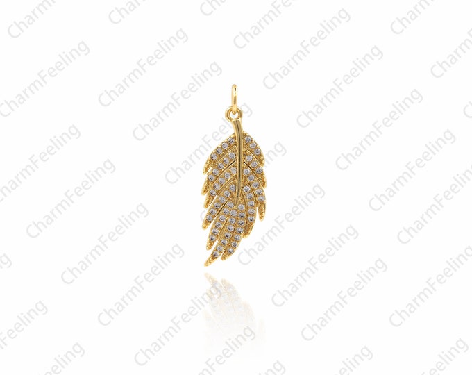 CZ Micro Pave Feather Leaf Charms，Gold Leaf Pendant，Nature Tree Charm 24× 9× 1.8mm 1pcs