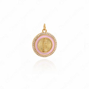 Round Pendant, Madonna Charm,18K Gold Filled Religious Necklace,Enamel Charm, Virgin Pendant,DIY Jewelry Supplies,24.5x18.4x2.5mm