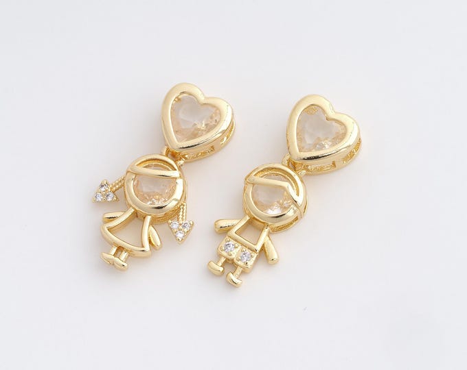 CZ Couple Pendant,Heart Pendant,18K Gold Filled Boy Girl Charm,DIY Jewelry Accessories,Boy:27.8x10x5.3mm Girl：26.5x13.8x5.5mm