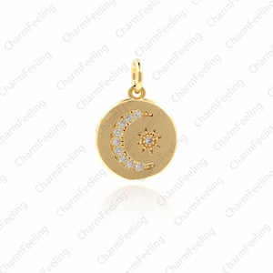 Gold Moon and Star Medal Pendant-18k Gold Crescent Shape Round Disc Charm Necklace Pendant 17x12x1.7mm 1pcs