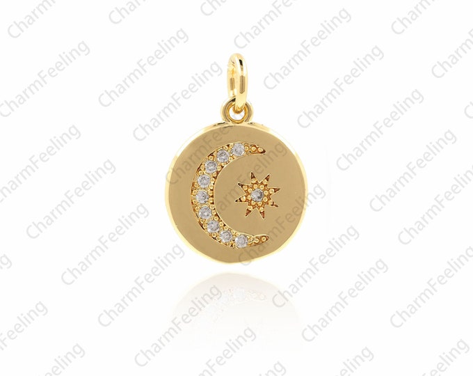 Gold Moon and Star Medal Pendant-18k Gold Crescent Shape Round Disc Charm Necklace Pendant 17x12x1.7mm 1pcs