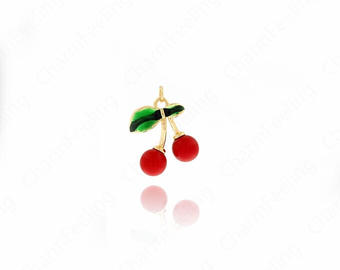 18K Gold Filled Cherry Pendant,Enamel Cherry Necklace,Fruit Charm, Enamel Charm,Enamel Pendant,Fruit Necklace,Fruit Pendant, 24x18.5x8mm