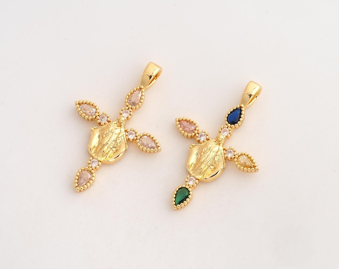 CZ Cross Pendant,Religious Pendant,18K Gold Filled Virgin Mary Charm,DIY Jewelry Accessories,37.2x24x3mm