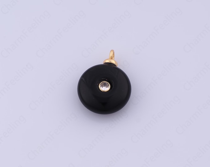 Black Onyx Charm,18K Gold Filled Natural Stone Charm,Round Pendant, Micropavé CZ Round Pendant, DIY Jewelry Accessories,19.8x15x5.7mm