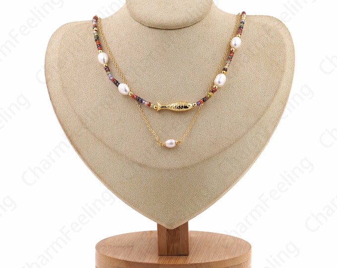 Freshwater Pearl Necklace, Dainty Pearl Necklace, Micropavé CZ Everyday Necklace, 18K Gold Filled Spacer Bead Necklace, Gift For Her, 40cm