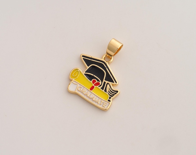 Enamel Doctoral Cap Pendant,Diploma Scroll Pendant,18K Gold Filled Doctoral Cap Charm,DIY Jewelry Accessories,24x19x1.7mm