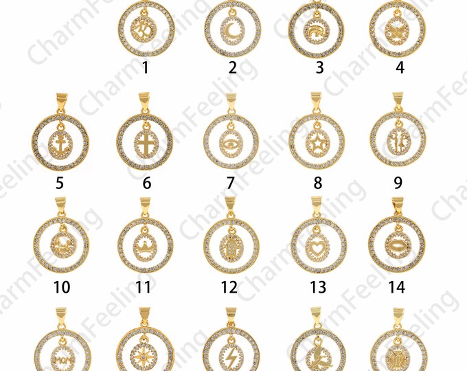 Micropavé CZ Round Pendant, 18K Gold Filled Round Necklace, Various Pendants, Suitable For DIY Jewelry Making Accessories, 19x26x2.2mm
