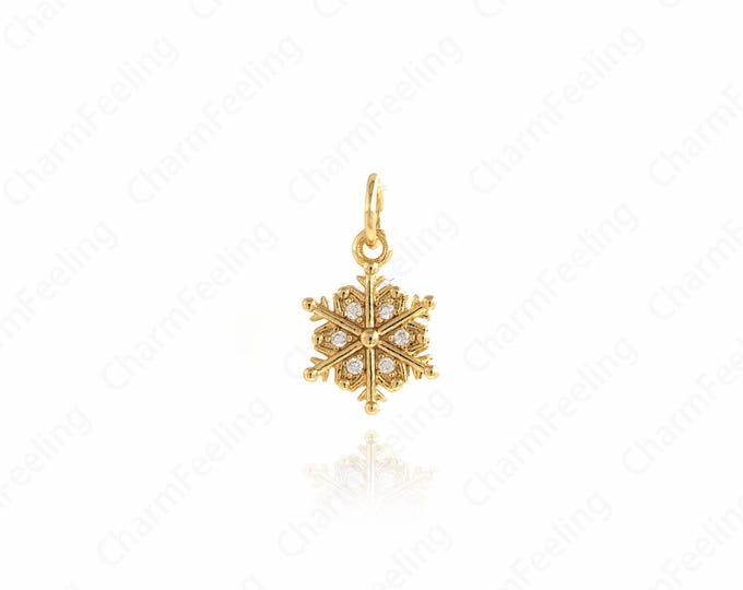 Snowflake Pendant, Ice Crystal Necklace, 18K Gold Filled Snowflake Charm, Micropavé CZ Snowflake Necklace, DIY Jewelry Supplies,16x9x1.7mm