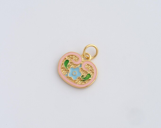 Enamel Flower Pendant, 18K Gold Filled Flower Charm,China Lock Pendant, DIY Jewelry Supplies,15.2x12.8x1.5mm