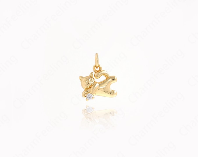 18K Gold Filled Cat Pendant, Micropavé CZ Cat Necklace, Cute Jewelry, Animal Pendant, Animal Charm, DIY Jewelry Accessories, 14.5x12x4.5mm