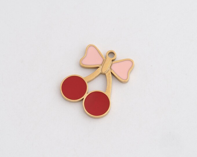 Enamel Cherry Charms,Dainty Fruit Charm, 18K Gold Filled Cherry Pendant,DIY Jewelry Accessories 18x14.8x1.3mm