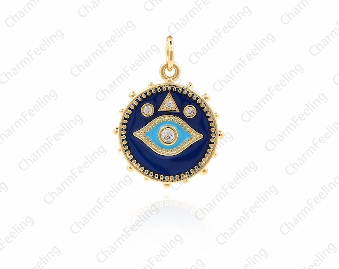 Cubic Zirconia Gold CZ Eye ，Round Coin Medallion Charm ，CZ Gold Plated Eye stone 22×16×2.1mm  1pcs