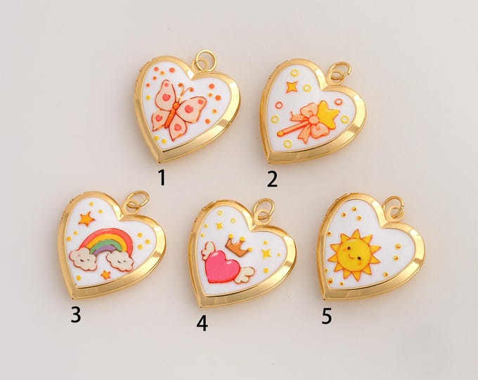 Enamel Heart Photo Frame Pendant,Cute Patterned Pendant,18K Gold Filled Photo Frame Charm,DIY Jewelry Accessories,28.5x23x5.8mm