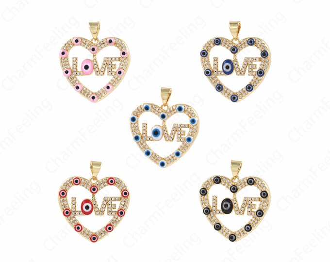 Heart Pendant, Heart Eye Necklace, Enamel Eye Pendant, Heart Charm, Turkish Eye Charm, DIY Jewelry Making Accessories 25.5x23x3.5mm