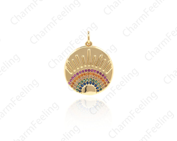 Micro-Pave Rainbow Round Pendant, Coin Necklace,medallion pendant， Gold-Plated Pendant, DIY Jewelry Making Accessories 26.7x16.7x2mm 1pcs