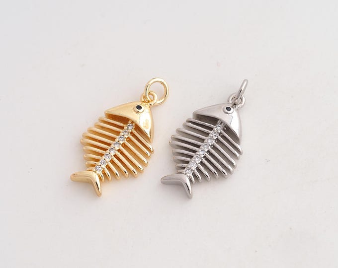 CZ Fishbone Pendant,Fishbone Pendant,18K Gold Filled Fishbone Charm,DIY Jewelry Accessories,25x13.3x3.8mm