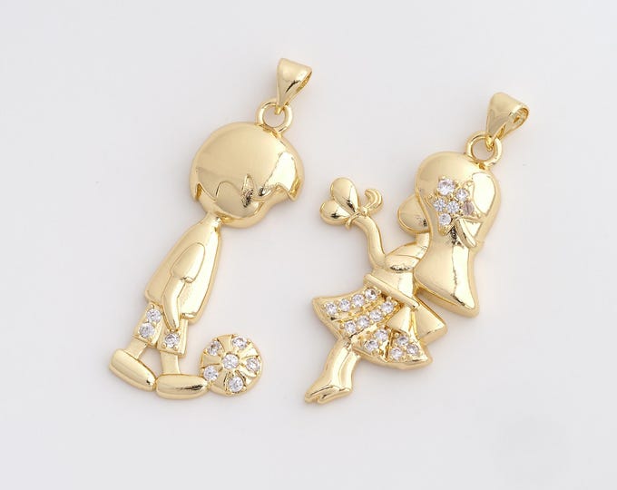 CZ Couple Pendant,Heart Pendant,18K Gold Filled Boy Girl Charm,DIY Jewelry Accessories,Boy:43.2x20x4.3mm Girl：43.4x23x5.6mm