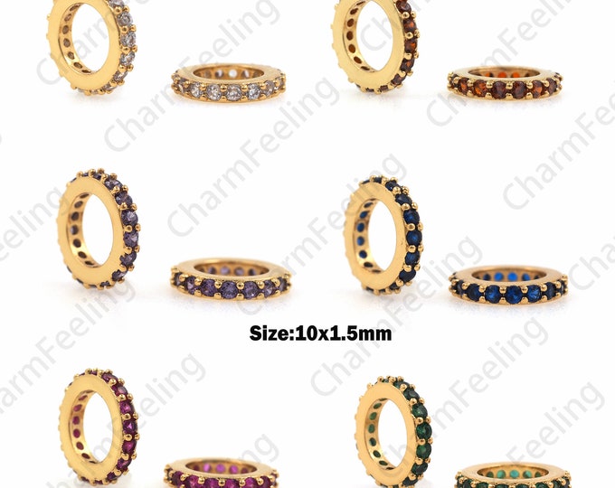 18K Gold Filled Flat Bead Necklace, Micropavé CZ Large Hole Spacer Beads, Metal Spacer Beads, Washer Beads 10x1.5mm