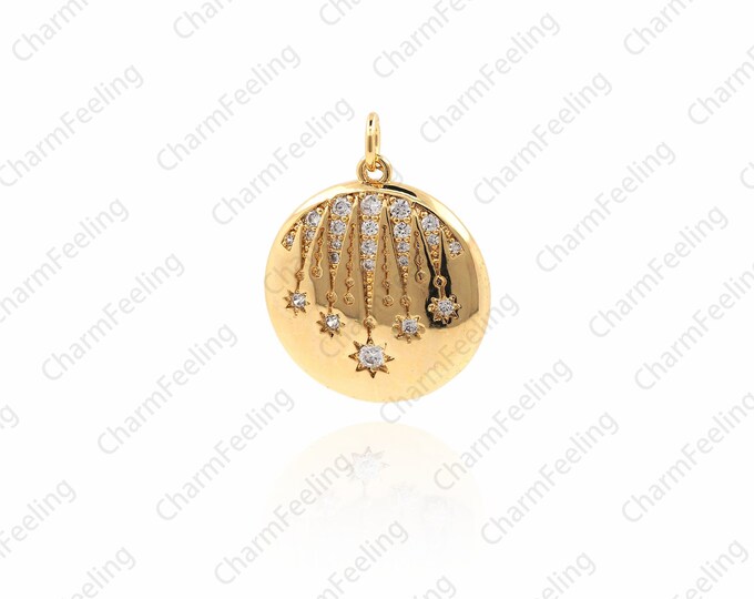Cubic Zirconia Shooting Star Coin，CZ Micro Pave Bracelet Charm，Micro Pave Necklace Pendant Charms 25.5×20×3.5mm  1pcs