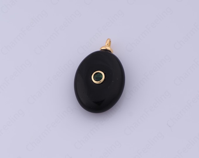 Black Onyx Charms,18K Gold Filled Natural Stone Charm,Oval Pendant, Micropavé CZ Oval Pendant, DIY Jewelry Accessories,25x15x6.6mm
