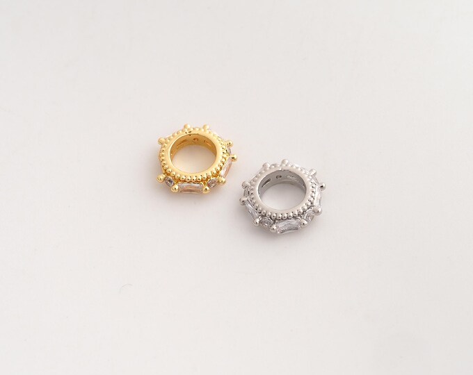 18K Gold Filled CZ Round Spacer Beads,Large Hole Beads,Flat Beads,DIY Jewelry Supplies,10.5x3mm Hole 6mm