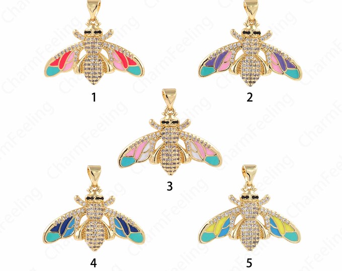 Micropavé CZ Bee Pendant, Insect Charm, 18K Gold Filled Enamel Charm, Enamel Necklace, Bee Charm,DIY Jewelry Supplies, 24x28.5x4.5mm