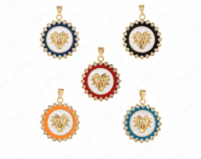 Micropavé CZ Dragon Charm,Round Pendant, Enamel Charm, 18K Gold Filled Dragon Pendant, Mythology Charm, DIY Jewelry Supplies, 32.5x24.5x4mm