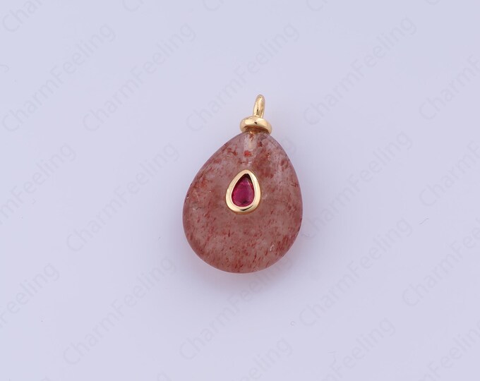Natural Red Jade Charm,18K Gold Filled Waterdrop Charms, Micropavé CZ Teardrop Pendant, DIY Jewelry Accessories,24.7x15x6.8mm
