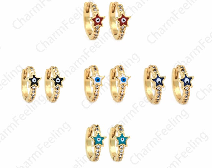 Enamel Earrings, Star Eye Earrings, 18K Gold Filled Round Earrings, Micropavé CZ Star Earrings, Eye Charm, DIY Jewelry Supplies, 13x15x6mm