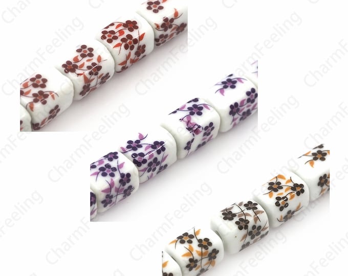 Ceramic Flower Beads,Painted Beads,Ceramic Jewelry,Square Spacer Beads, Hand-Painted Ceramic Beads, DIY Jewelry Supplies, 14x10.5x10.5mm