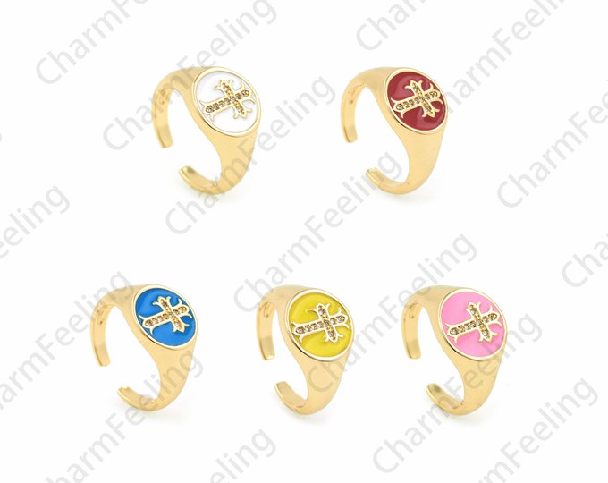 Cross Charm 18K Gold Filled Enamel Cross Ring, Micropavé CZ Religious Ring,Religious Jewelry, Cross Jewelry, Gold Open Ring, Adjustable Ring