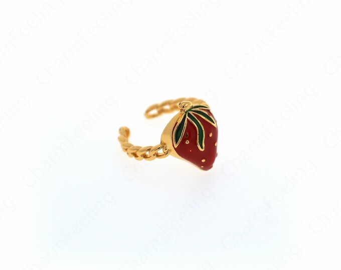 18K Gold Filled Strawberry Enamel Ring, Enamel Charm, Strawberry Charm, Enamel Multicolor Ring, Golden Open Ring,Adjustable Ring, Fruit Ring