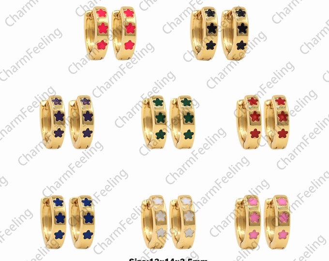 1 Pair,18K Gold Filled Enamel Flower Earrings,Enamel Earrings,Lucky Earrings, Enamel Charm,Multi-Color Optional,Flower Charm, 13x14x3.5mm