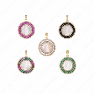 18K ゴールドフィルド カトリックチャーム、マイクロパヴェ CZ 宗教ネックレス、聖母ペンダント、ラウンドペンダント、DIY ジュエリー用品、35x27x3.5 mm