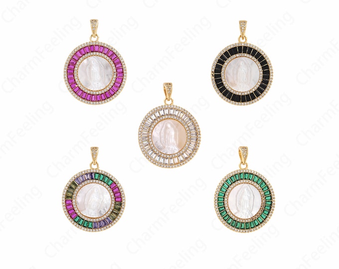 18K Gold Filled Catholic Charm,Micropavé CZ Religious Necklace,Our Lady Pendant,Round Pendant,DIY Jewelry Supplies,35x27x3.5mm