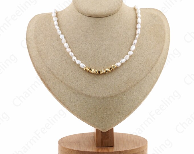 Spacer Bead Necklace, Dainty Pearl Necklace, Micropavé CZ Freshwater Pearl Necklace, 18K Gold Filled Gift For Her, Everyday Necklace, 40cm