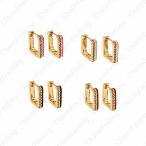 18K Gold Filled Hollow Earrings,Micropavé CZ Rectangular Earrings,Square Earrings,Gift For Her,Enamel Earrings,12.7x13.8x3.3mm