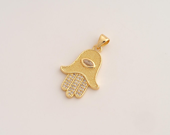 CZ Hamsa Hand Pendant,Fatima Pendant,18K Gold Filled Hamsa Charm,DIY Jewelry Accessories,28.6x17.3x2.5mm