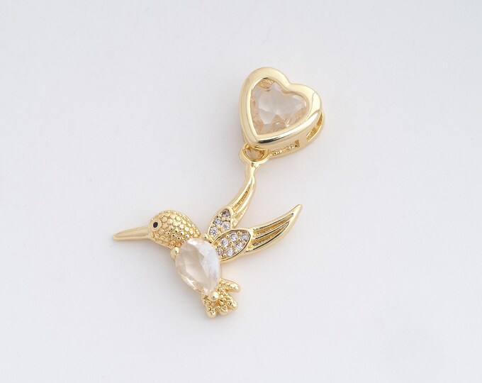 Bird Charm,Animal Pendant, 18K Gold Filled Bird Pendant, Hummingbird Necklace,Animal Charm,Micropavé Cubic Zirconia Jewelry 29x20x3.8mm