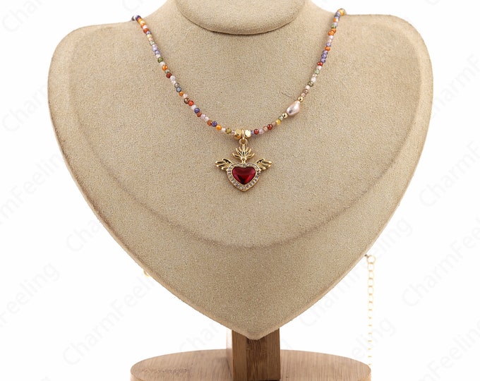 Micro Pave CZ Love Necklace, Heart Necklace, Enamel Charm, 18K Gold Filled Pearl Necklace, Gemstone Necklace, Gift For Her,39cm+6cm