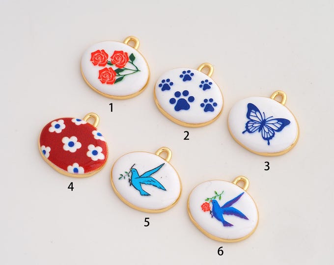 Flower Bird Pendant,Enamel Butterfly Pendant,18K Gold Filled Paw Print Charm,DIY Jewelry Accessories,18.7x19.3x3.3mm