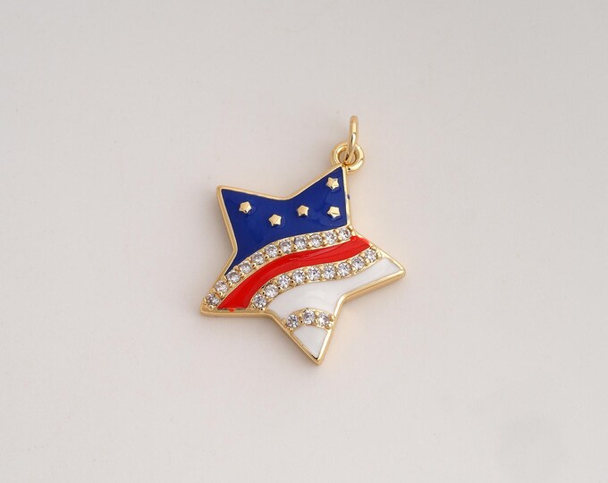 CZ Star Pendant,Enamel American Flag Pendant,18K Gold Filled Starburst Charm,DIY Jewelry Accessories,25x20.3x3.5mm