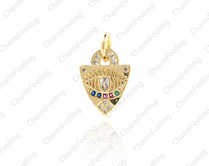 18k Shiny Gold Eye On Triangle Shape Charms,Eye Necklace, Multicolor CZ Gold Triangle Charms 17x10.8x1.7mm 1pcs