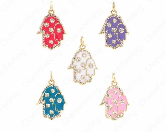 Hamsa Pendant,Enamel Pendant,Micropavé CZ Hamsa Necklace, 18K Gold Filled Hand Necklace, DIY Jewelry Accessories, 23x15x3mm