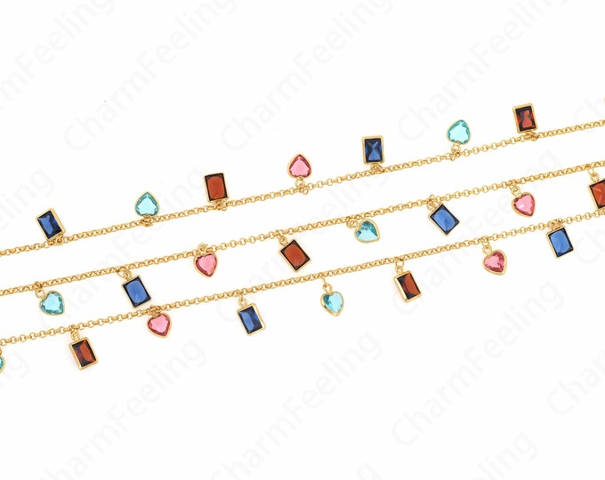 Square Chain,18K Gold Filled Heart Chain,Micropavé CZ Rainbow Chain,Semi-Finished Chain,DIY Bracelet Necklace Supplies,5.7x2.8x7.6mm
