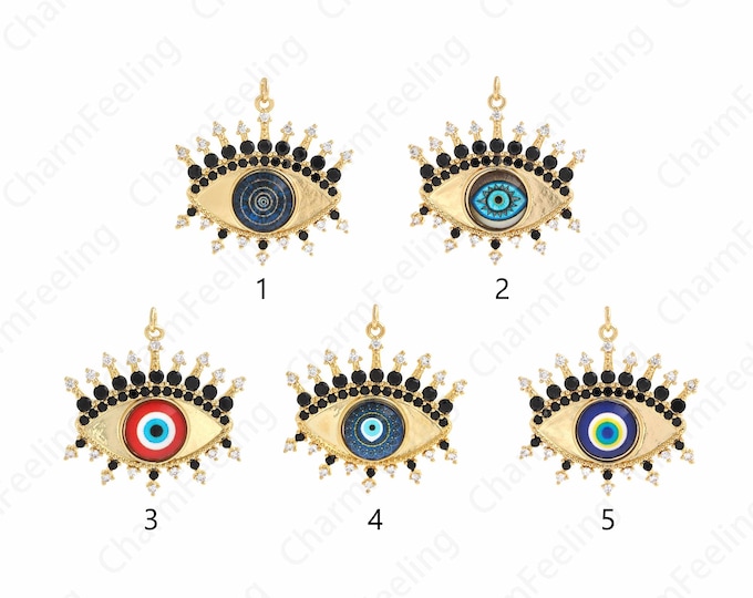 Eye Charm, Micropavé CZ Enamel Eye Necklace, 18K Gold Filled Beautiful Eye Pendant, DIY Jewelry Accessories, 37x36x5mm