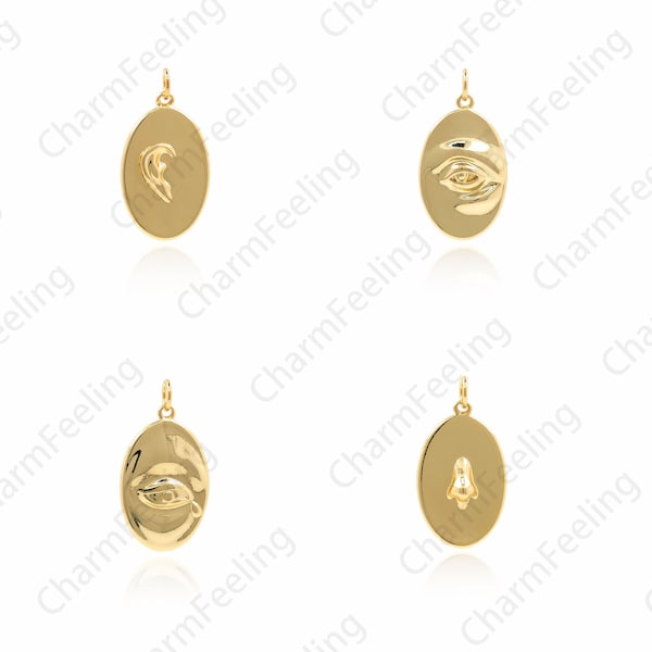 18K Gold Filled Facial Features Pendant, Eye Pendant, Nose Pendant, Oval Facial Features Charm, DIY Jewelry Making Supplies, 26.5x14x3mm