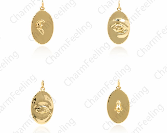 18K Gold Filled Facial Features Pendant, Eye Pendant, Nose Pendant, Oval Facial Features Charm, DIY Jewelry Making Supplies, 26.5x14x3mm