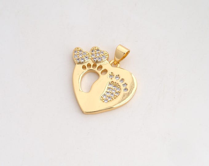 CZ Heart Pendant,Footprint Pendant,18K Gold Filled Heart Foot Charm,DIY Jewelry Accessories,24.2x23x3mm