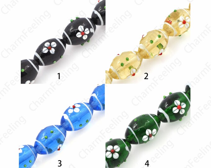 Hand Painted Flower Glass Beads, Murano Glass Beads, Rice Spacer Beads, Plant Beads, Flower Spacer Beads, DIY Beading Supplies, 20x15mm